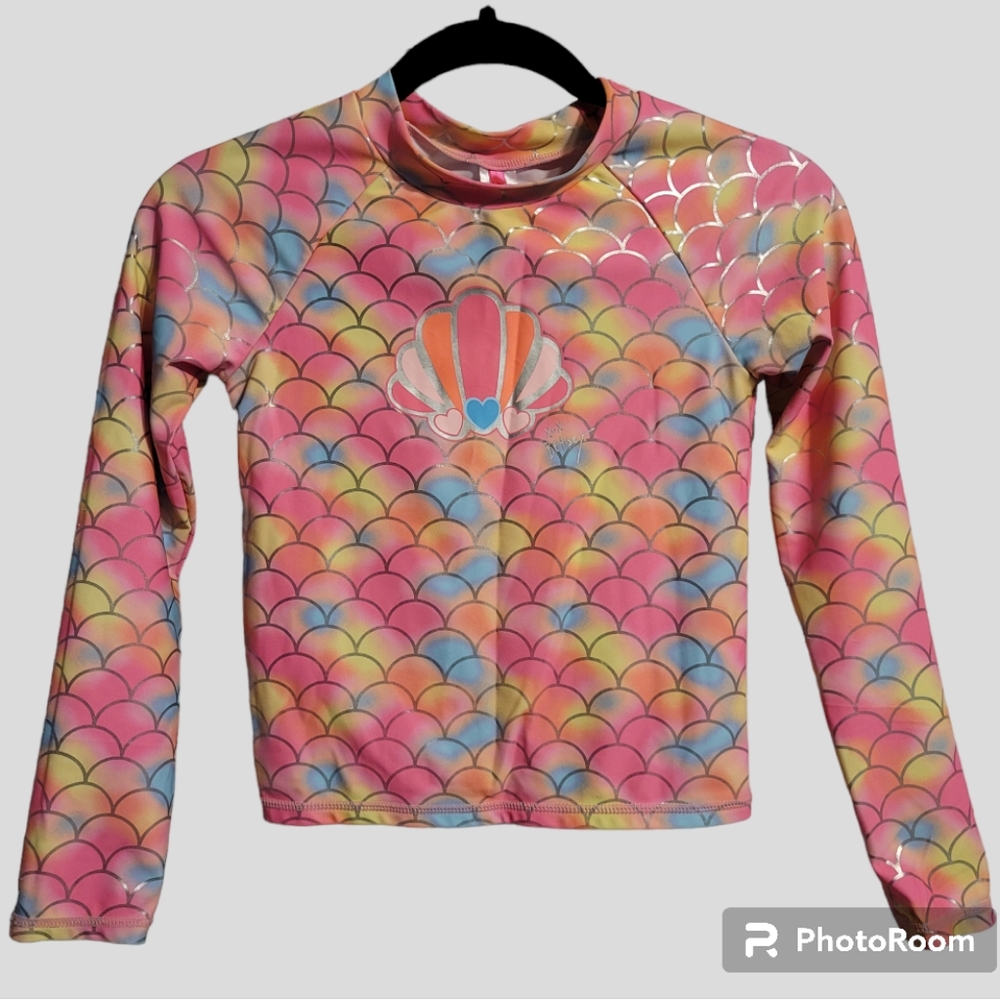 Betsey Johnson Swimsuit Top Girls Youth XL (14) Pink Multi Rashguard Mermaid